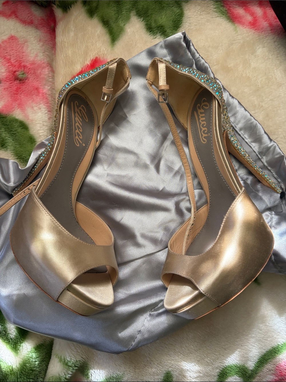 Gucci Gold Satin Open-Toe Heels with Crystal-Embellished Back